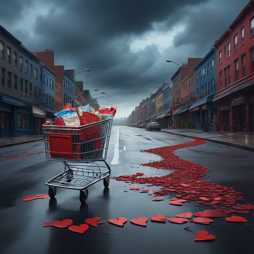 A visually striking representation of a shopping cart on a winding emotional road, filled with broken hearts and discarded merchandise. In the background, a gloomy sky contrasts with a vibrant cityscape, symbolizing the highs and lows of e-commerce. Scattered items represent lost hopes and dreams of shoppers. Incorporate deep blues and reds to evoke a sense of sorrow mixed with commercial vibrance. surrealistic. dark colors. expressive details.