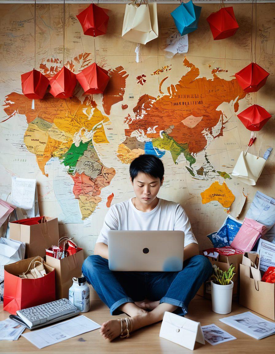 A thoughtful consumer sitting at a cluttered desk surrounded by various Chinese products, with a laptop displaying an online shopping website. The room is filled with balancing scales representing consumer choices, and a world map showcasing China with arrows pointing to different countries. Shadows of shopping bags and price tags float around, symbolizing the weight of decisions. The atmosphere is inviting yet contemplative, highlighting the pros and cons of online shopping. vibrant colors. super-realistic.