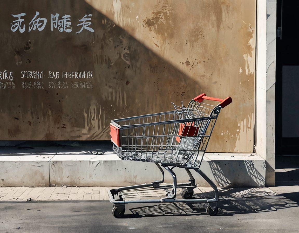 A melancholic shopping cart filled with broken and dull Chinese products, set against a backdrop of an empty online storefront. Shadows of shoppers' silhouettes with sad expressions around, emphasizing the loneliness of e-commerce. Include subtle hints of 'SALE' signs fading away, creating a visual contrast between hope and reality. Soft, muted color palette to convey sadness. watercolor painting. muted colors.